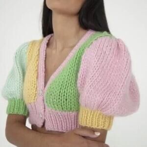 NEW Hope Macaulay Sparkle Puff Sleeve Chunky Knit Merino Crop Cardigan Size XS